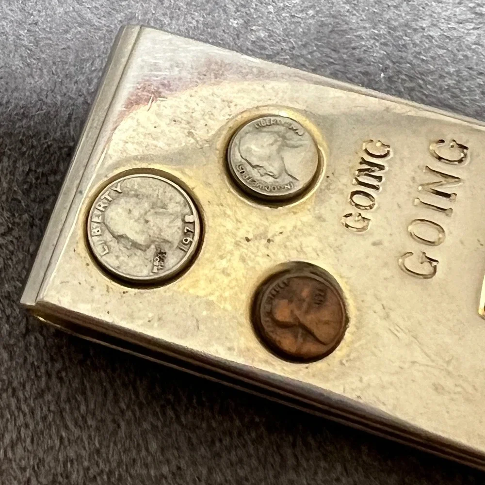 Vintage Going Going Gone Money Clip Novelty US Coins Quarter Nickel Penny